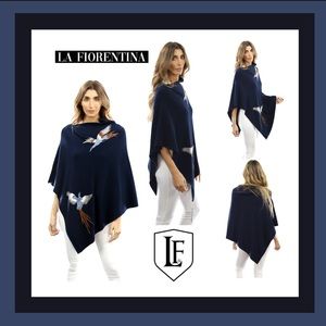 La Fiorentina NYC Embroidered Phoenix Soft Poncho in Navy Blue Size OS